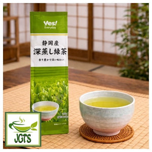 Shizuoka Deep Steamed Green Tea - package and cup of tea in japanese room