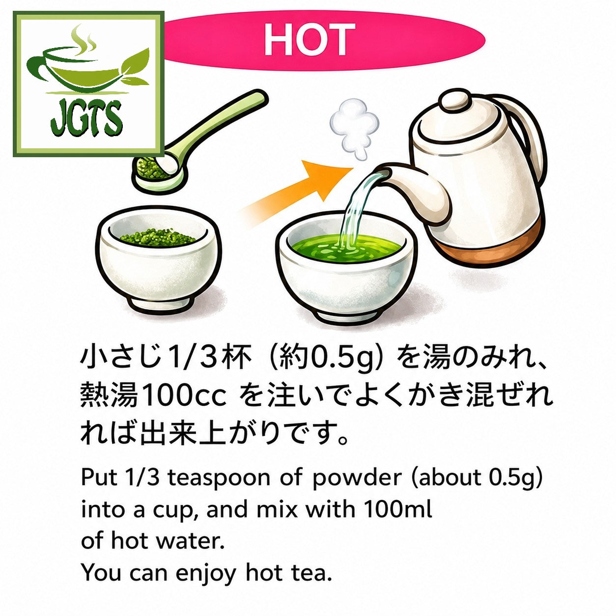 Shizuoka Powdered Green Tea (100 grams) - Instructions to make hot tea