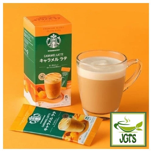 Starbucks Premium Mix Caramel Latte - Box and one stick brewed in cup 