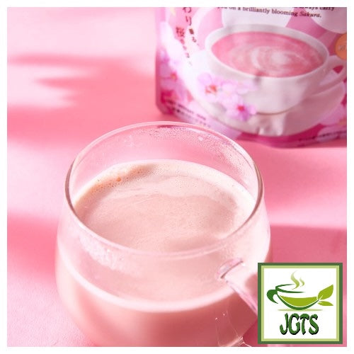 Tea Boutique Instant Sakura Latte - Brewed in cup and package back groung