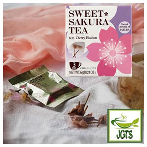 Tea Boutique Sweet Sakura Cherry Blossom Tea - Package, single serving and glass