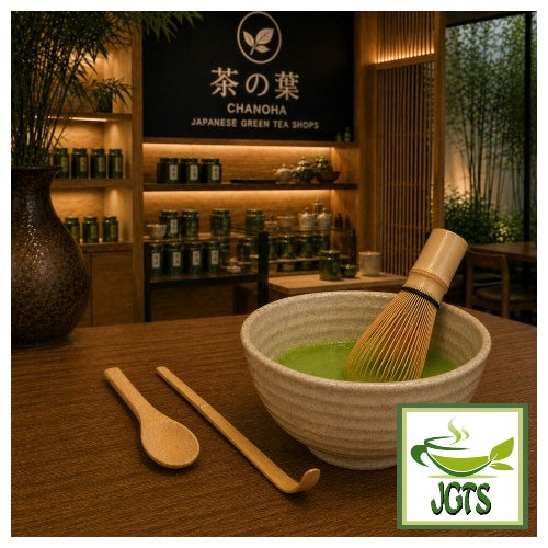 Tea Ceremony Set (Chasen, Chasaku, Tea Spoon) - set in use at teashop