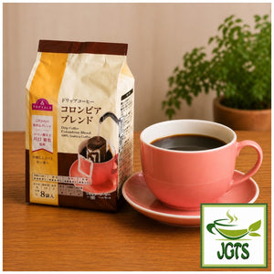 Top Value . Colombian Blend Drip Coffee - Package and cup of coffee