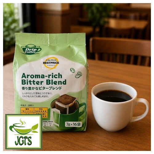 Top Value Aroma Rich Bitter Blend Drip Coffee - Product and cup of coffee