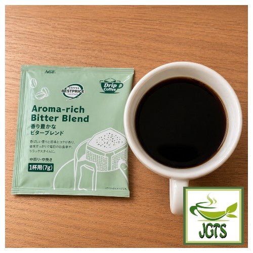 Top Value Aroma Rich Bitter Blend Drip Coffee - Single drip coffee packet and cup of coffee
