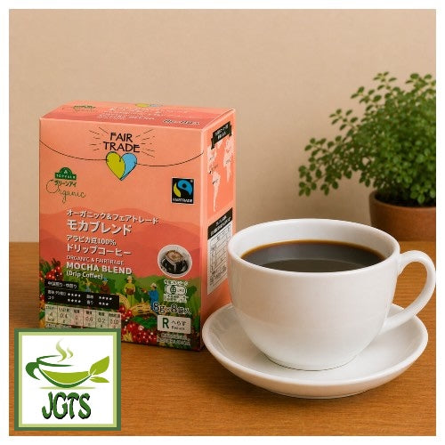 Top Value Green Eye Organic & Fairtrade 100% Mocha Blend Drip Coffee - Box and cup of coffee