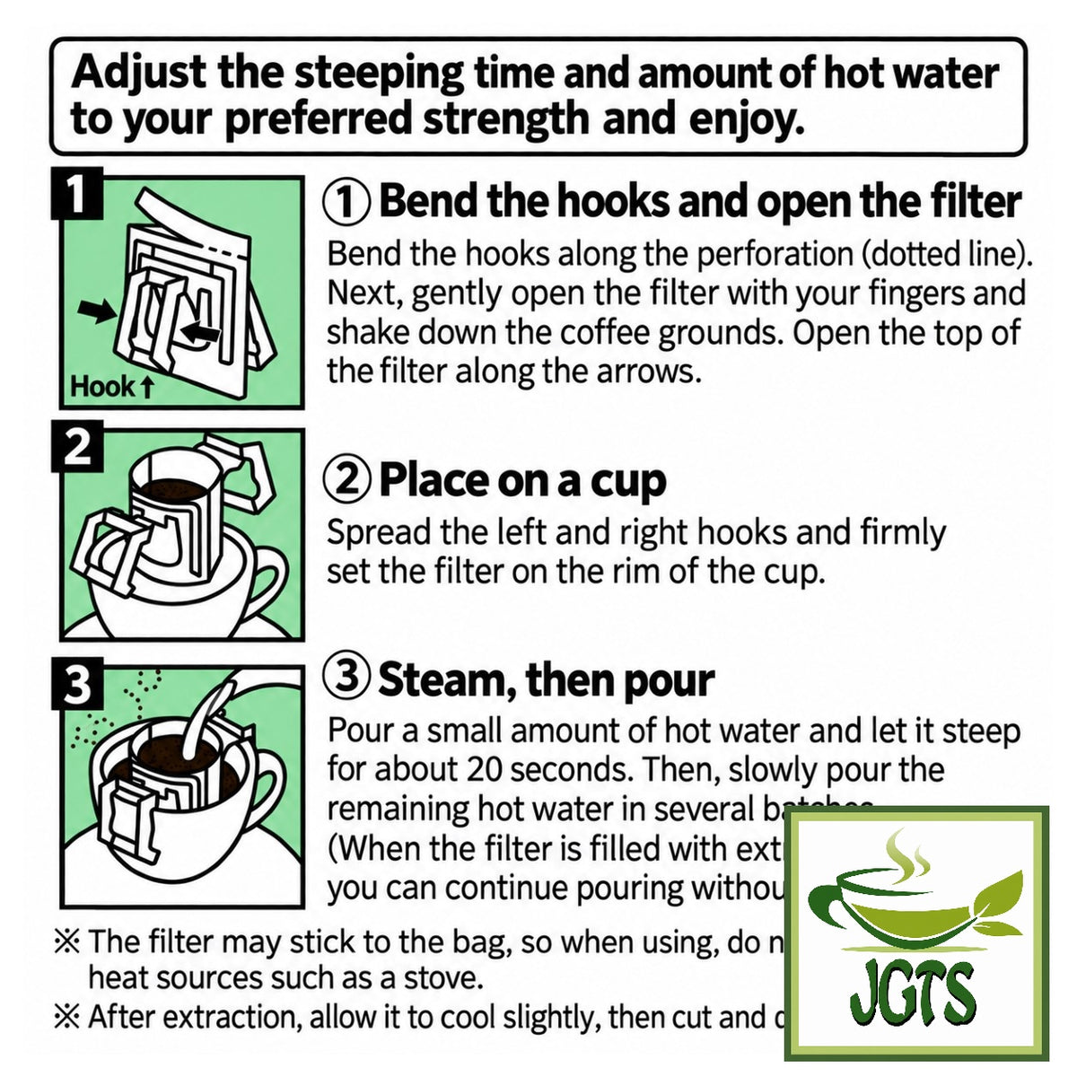 Top Value Green Eye Organic & Fairtrade 100% Peruvian Drip Coffee - Instructions how to brew pour over coffee filter packets (E)