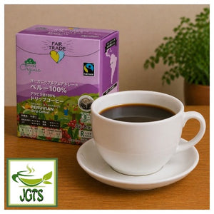Top Value Green Eye Organic & Fairtrade 100% Peruvian Drip Coffee - Product and cup of brewed coffee