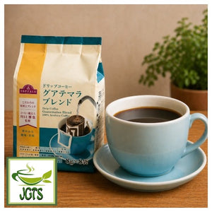 Top Value Guatemala Blend Drip Coffee - Package and cup of coffee on table