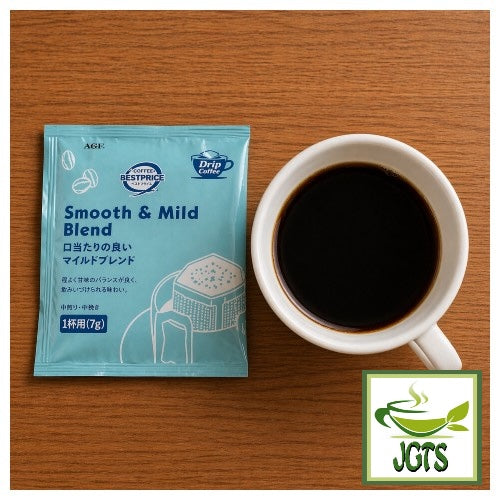 Top Value Smooth & Mild Blend Drip Coffee - Single serving packet and cup of coffee