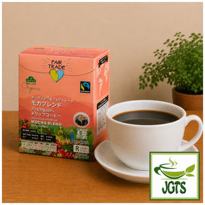(Top Value) Green Eye Organic & Fairtrade 100% Mocha Blend Drip Coffee - Box and cup of coffee