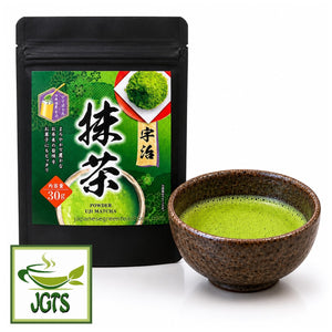 Uji Matcha (Powder) - Package and  brown bowl of whisked matcha 