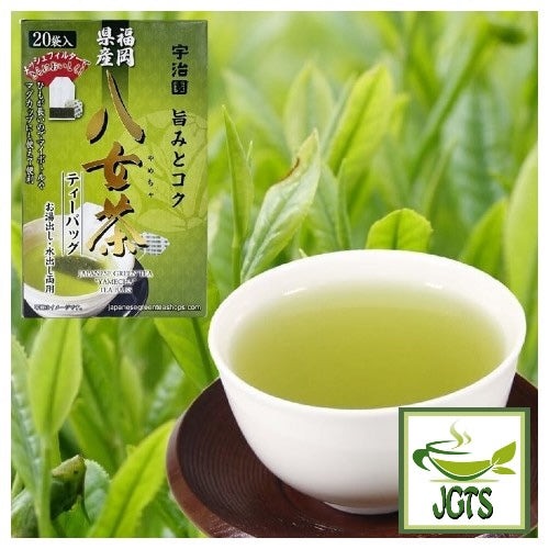Ujien Yamecha Tea Bags - Box and cup of brewed tea