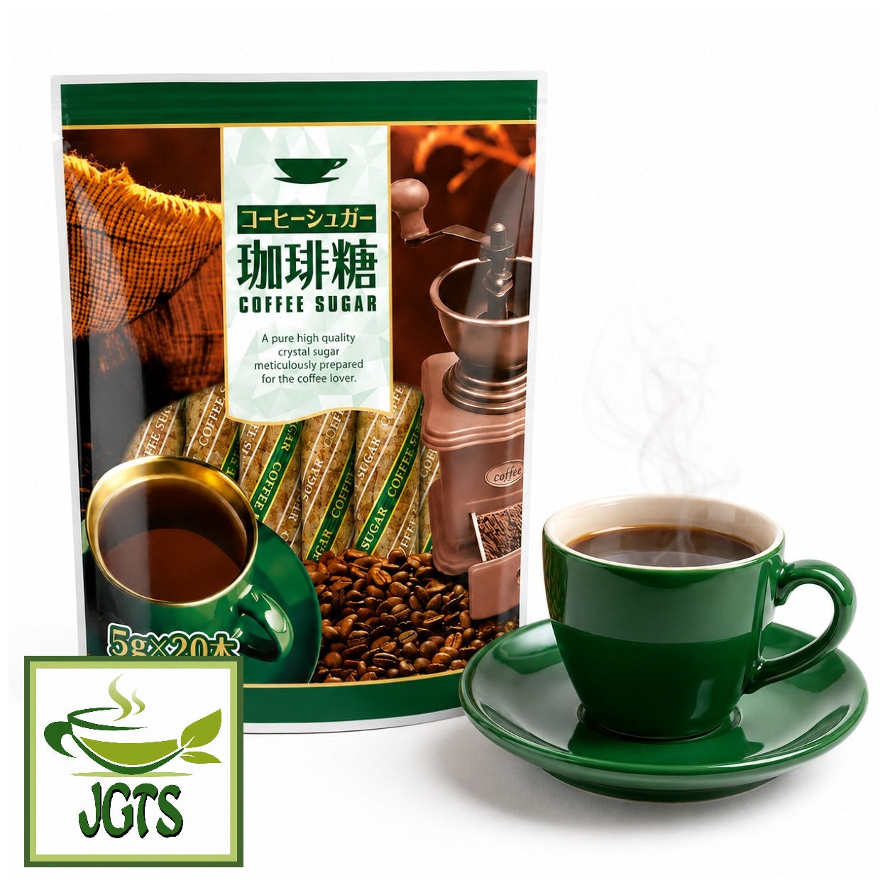 (Wellneo) - Coffee Sugar Sticks - Package and a cup of hot coffee