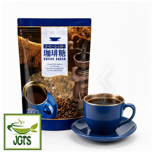 (Wellneo) Coffee Sugar - Package and a cup of hot coffee