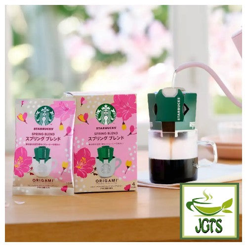 Starbucks Origami Personal Drip Coffee Spring Blend - Package box and brewed in cup