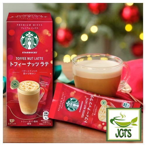 Starbucks Premium Mix Toffee Nut Latte - Package, stick and brewed in cup